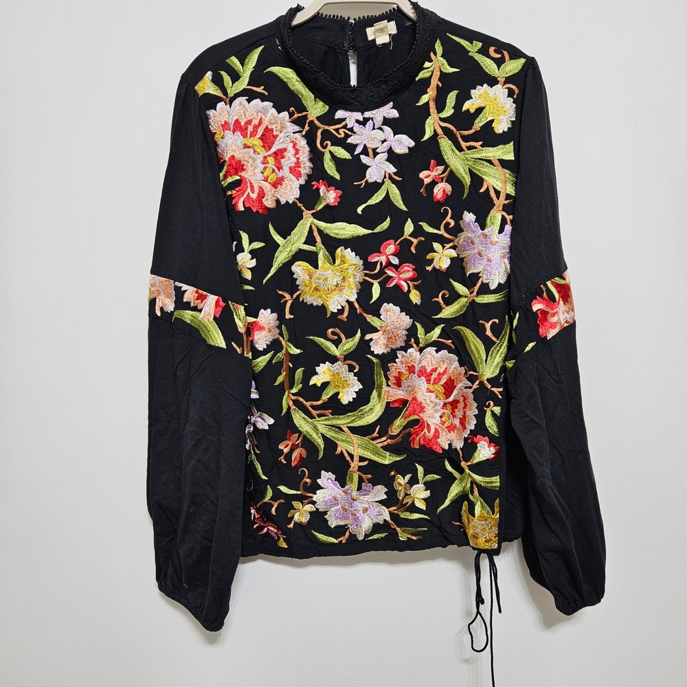 Anthropologie Tiny Floral Embroidered Knit Blouse Top Boho Balloon Sleeve 2X - Picture 11 of 13